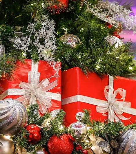 Two bright red gift boxes sit nestled amongst the tinsel and ornaments of a Christmas spruce