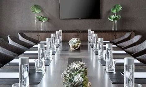 A clean, modern conference room where several small plants serve as accents